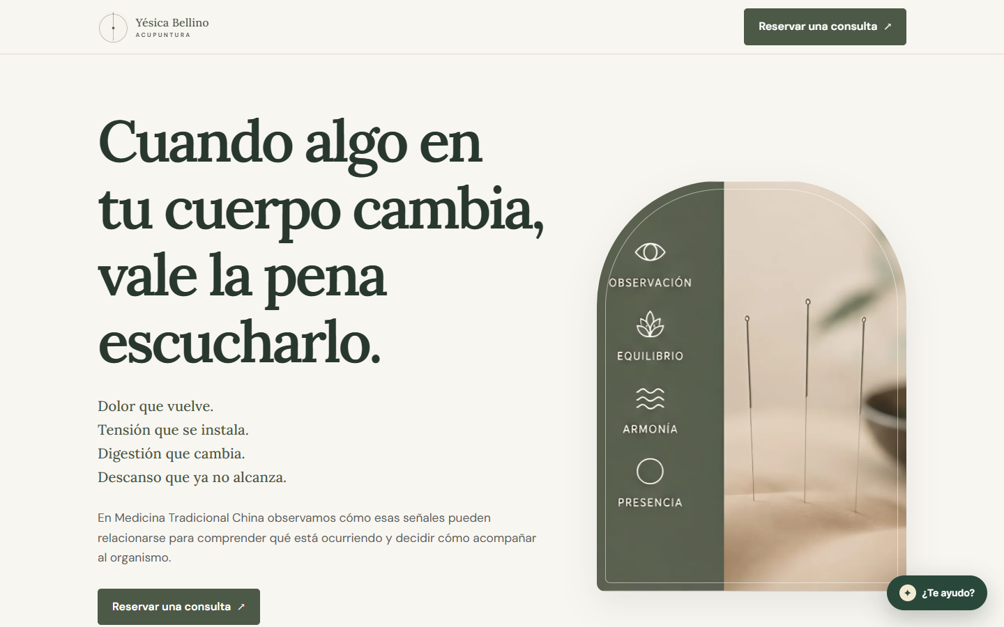 Primera pantalla del sitio YB Acupuntura